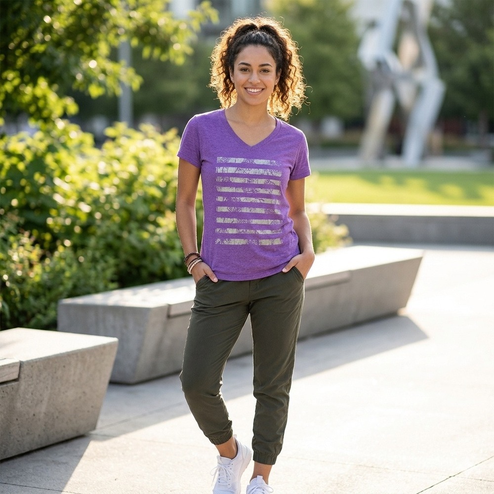 Tek Gear Womens Purple‎ Heathered V-Neck Graphic Tee Silver Foil Stripe XS NWOT